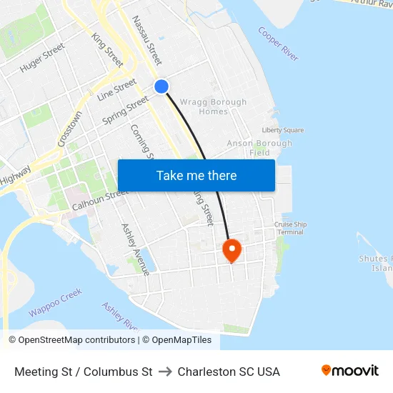 Meeting St / Columbus St to Charleston SC USA map