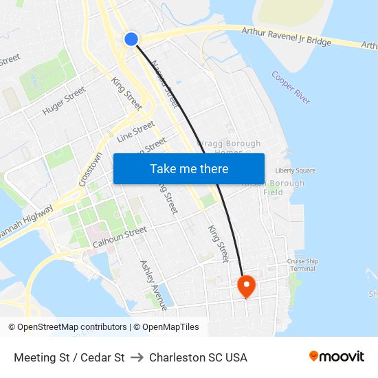 Meeting St / Cedar St to Charleston SC USA map