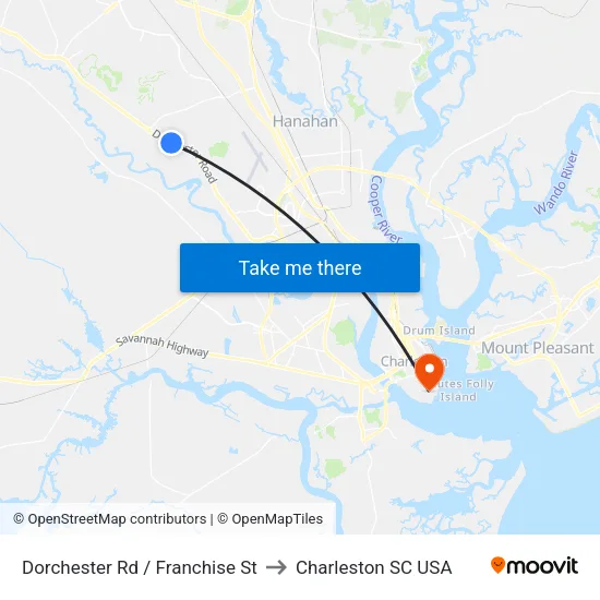 Dorchester Rd / Franchise St to Charleston SC USA map