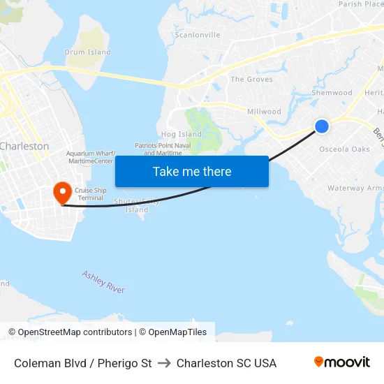Coleman Blvd / Pherigo St to Charleston SC USA map
