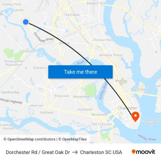 Dorchester Rd / Great Oak Dr to Charleston SC USA map