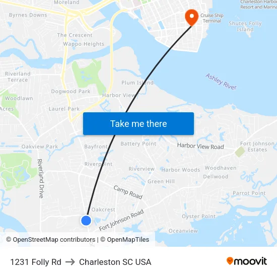 1231 Folly Rd to Charleston SC USA map