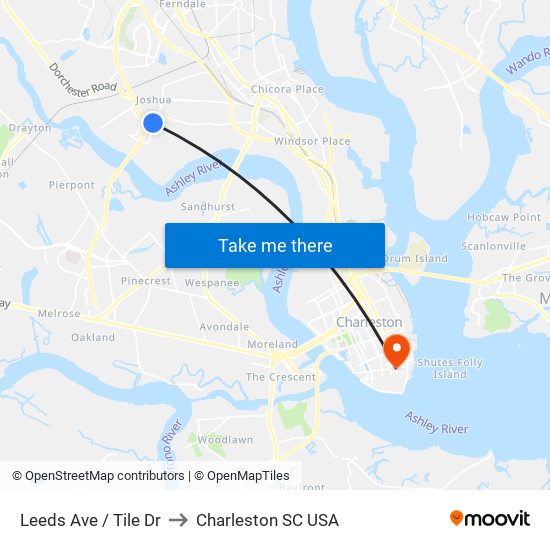 Leeds Ave / Tile Dr to Charleston SC USA map