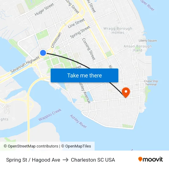 Spring St / Hagood Ave to Charleston SC USA map
