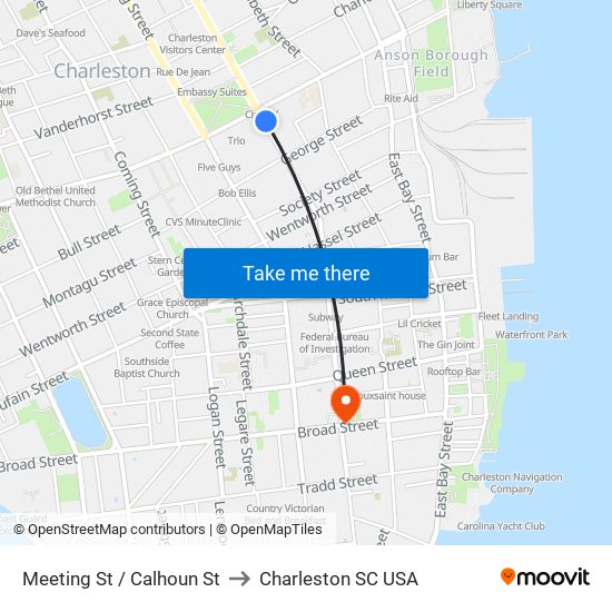 Meeting St / Calhoun St to Charleston SC USA map