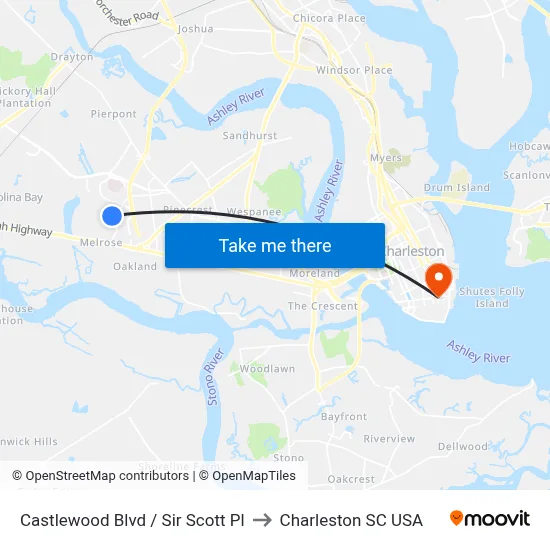 Castlewood Blvd / Sir Scott Pl to Charleston SC USA map