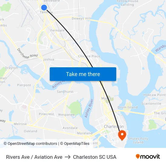 Rivers Ave / Aviation Ave to Charleston SC USA map