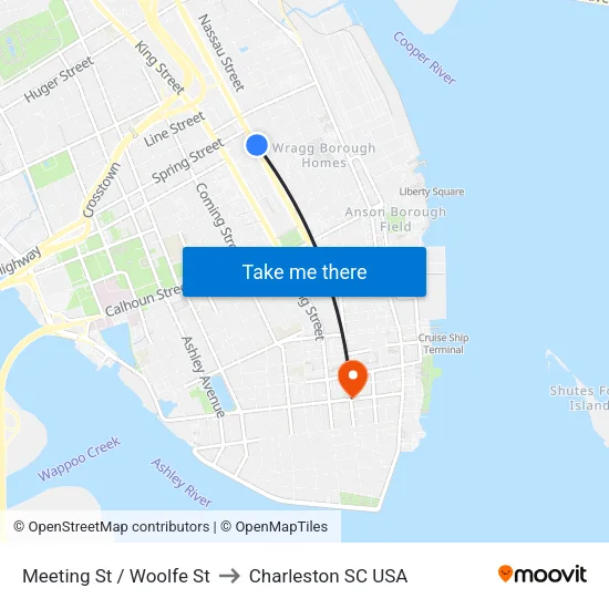 Meeting St / Woolfe St to Charleston SC USA map