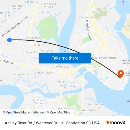 Ashley River Rd / Westover Dr to Charleston SC USA map
