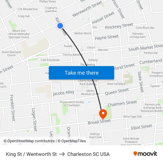 King St / Wentworth St to Charleston SC USA map