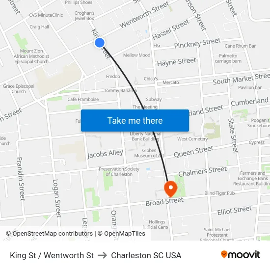 King St / Wentworth St to Charleston SC USA map