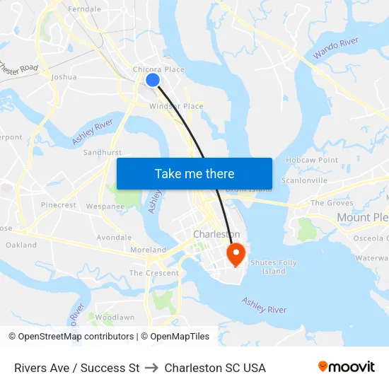 Rivers Ave / Success St to Charleston SC USA map