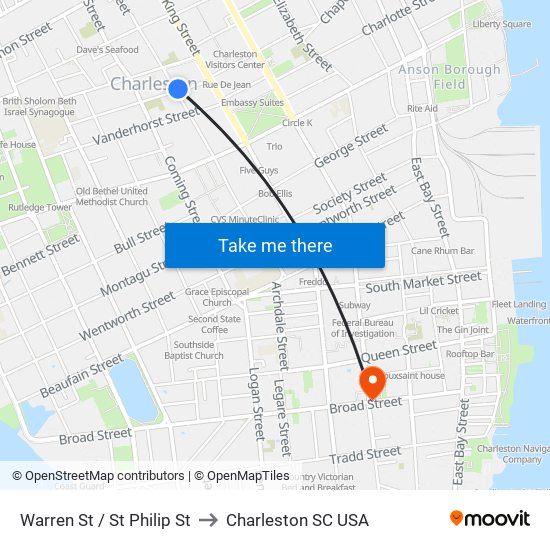 Warren St / St Philip St to Charleston SC USA map