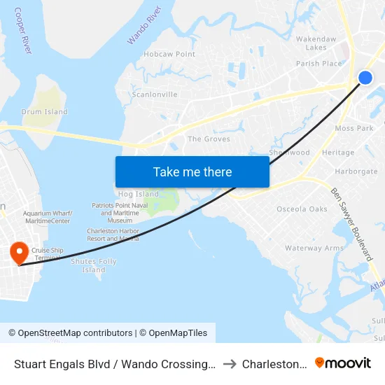 Stuart Engals Blvd / Wando Crossing Center (Park & Ride) to Charleston SC USA map
