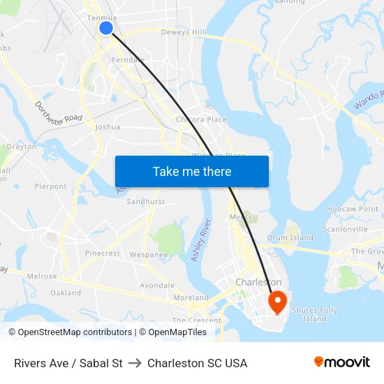 Rivers Ave / Sabal St to Charleston SC USA map