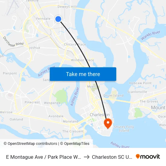 E Montague Ave / Park Place West to Charleston SC USA map