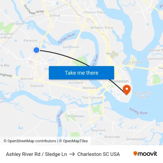 Ashley River Rd / Sledge Ln to Charleston SC USA map