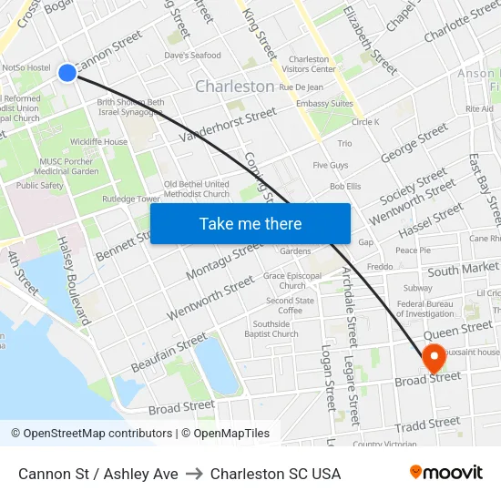 Cannon St / Ashley Ave to Charleston SC USA map