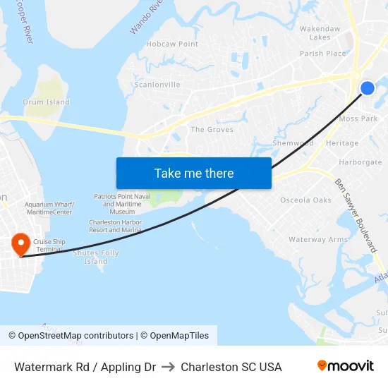 Watermark Rd / Appling Dr to Charleston SC USA map