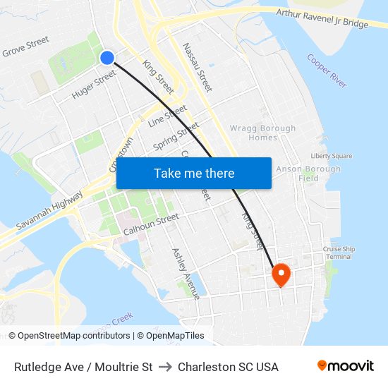 Rutledge Ave / Moultrie St to Charleston SC USA map