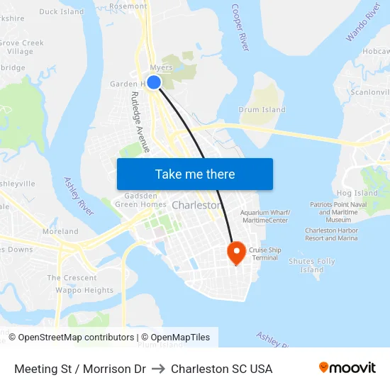 Meeting St / Morrison Dr to Charleston SC USA map
