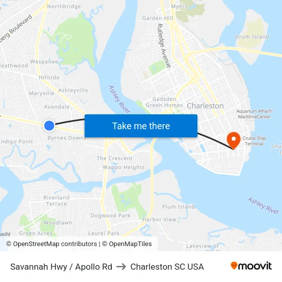 Savannah Hwy / Apollo Rd to Charleston SC USA map