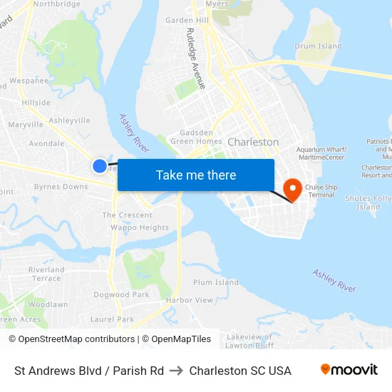 St Andrews Blvd / Parish Rd to Charleston SC USA map