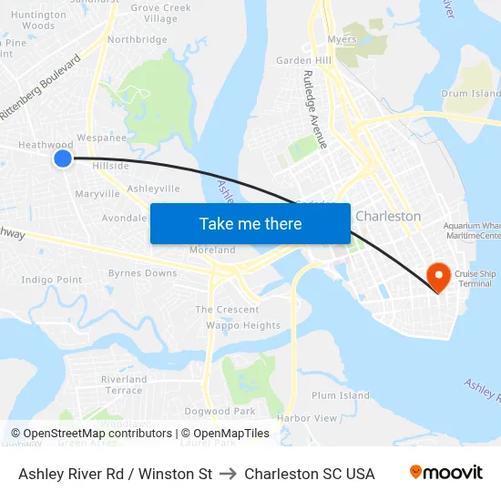 Ashley River Rd / Winston St to Charleston SC USA map
