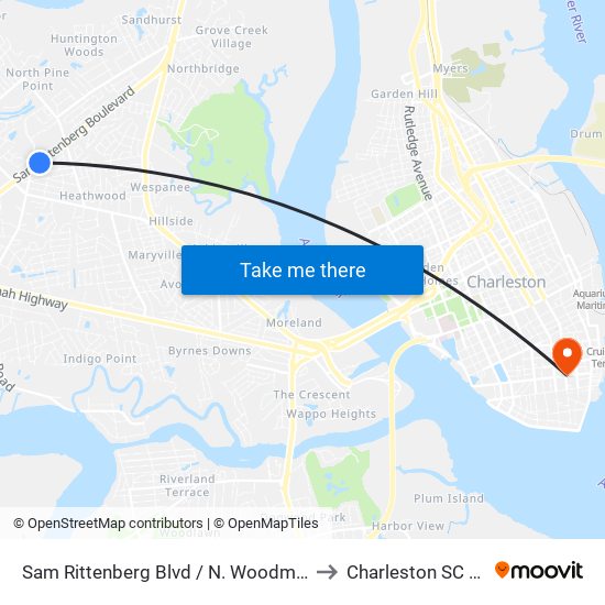 Sam Rittenberg Blvd / N. Woodmere Dr to Charleston SC USA map