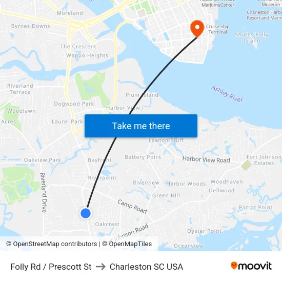 Folly Rd / Prescott St to Charleston SC USA map
