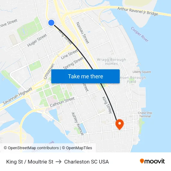 King St / Moultrie St to Charleston SC USA map