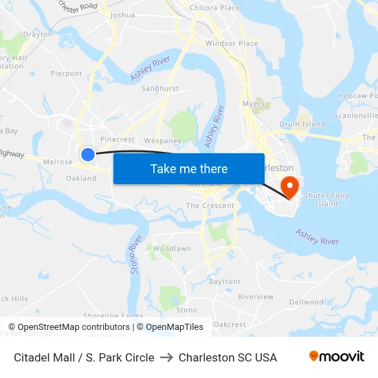 Citadel Mall / S. Park Circle to Charleston SC USA map