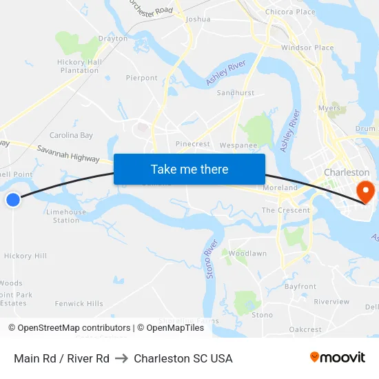Main Rd / River Rd to Charleston SC USA map
