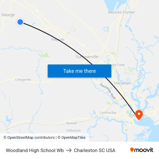 Woodland High School Wb to Charleston SC USA map