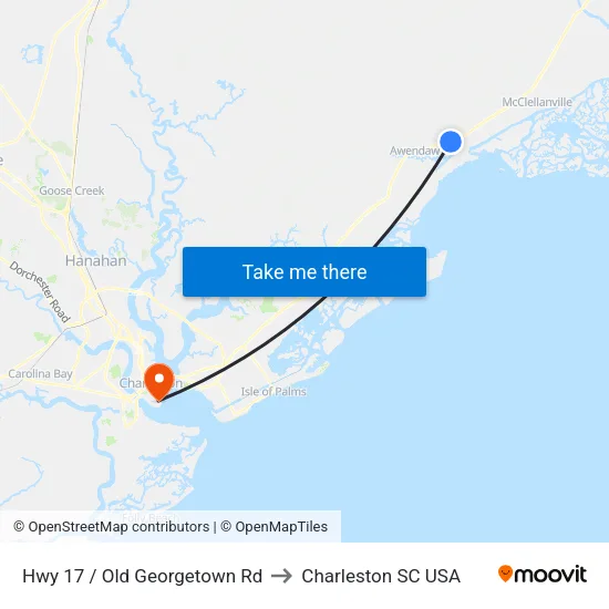 Hwy 17 / Old Georgetown Rd to Charleston SC USA map