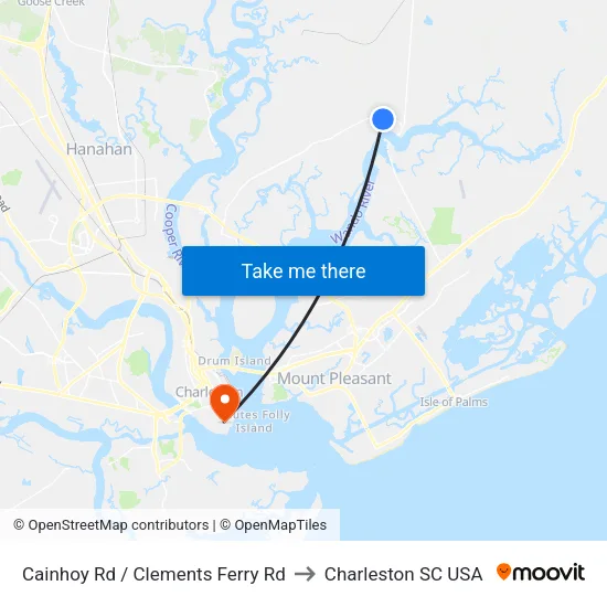 Cainhoy Rd / Clements Ferry Rd to Charleston SC USA map