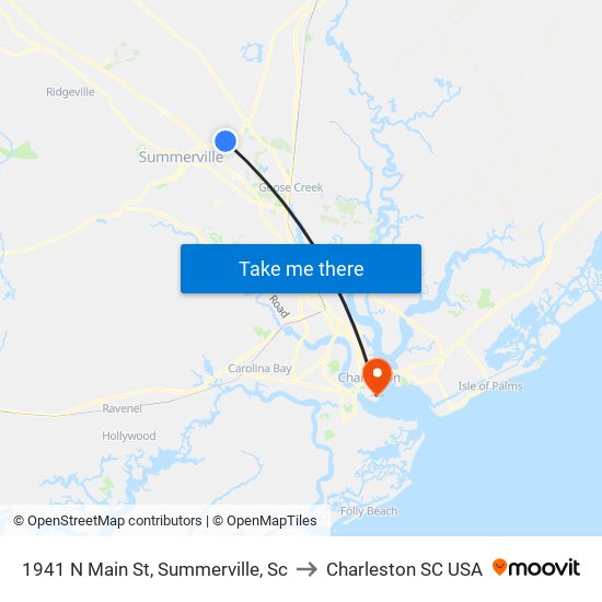 1941 N Main St, Summerville, Sc to Charleston SC USA map