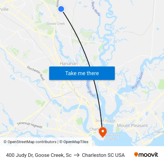 400 Judy Dr, Goose Creek, Sc to Charleston SC USA map