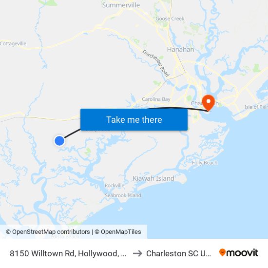 8150 Willtown Rd, Hollywood, Sc to Charleston SC USA map