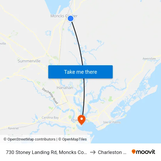 730 Stoney Landing Rd, Moncks Corner, Sc 29461 to Charleston SC USA map