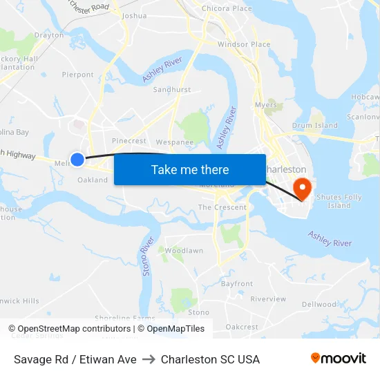 Savage Rd / Etiwan Ave to Charleston SC USA map