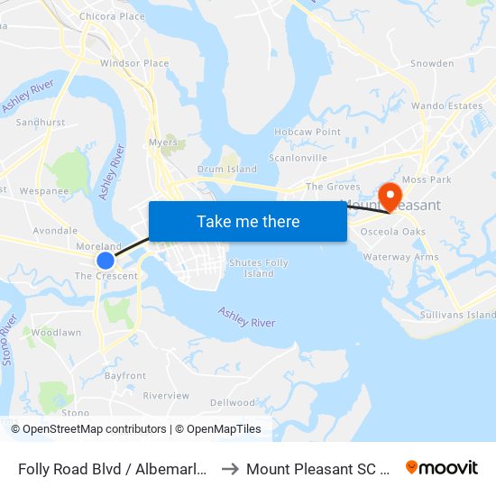 Folly Road Blvd / Albemarle Rd to Mount Pleasant SC USA map