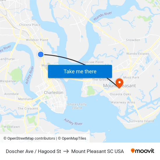 Doscher Ave / Hagood St to Mount Pleasant SC USA map