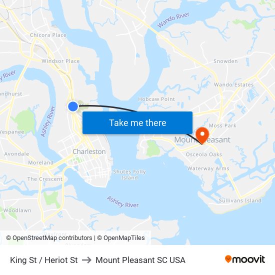 King St / Heriot St to Mount Pleasant SC USA map