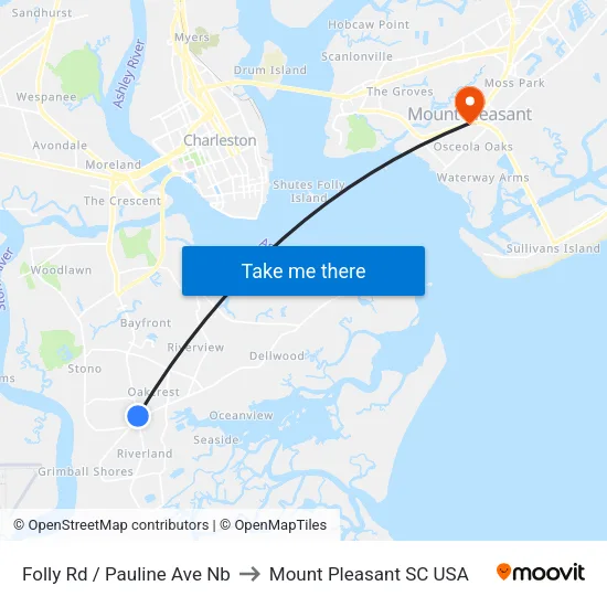 Folly Rd / Pauline Ave Nb to Mount Pleasant SC USA map