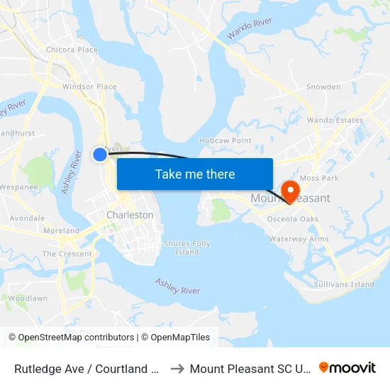 Rutledge Ave / Courtland Ave to Mount Pleasant SC USA map