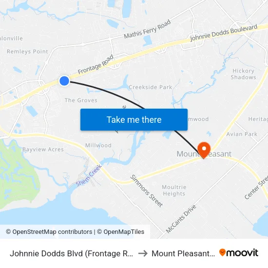Johnnie Dodds Blvd (Frontage Rd) / Lansing Dr to Mount Pleasant SC USA map