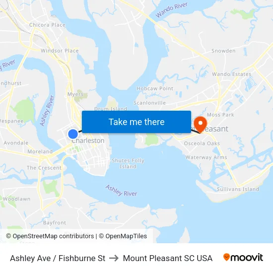 Ashley Ave / Fishburne St to Mount Pleasant SC USA map