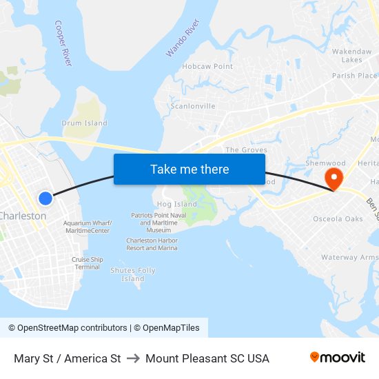 Mary St / America St to Mount Pleasant SC USA map