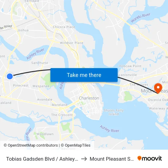 Tobias Gadsden Blvd / Ashley River Rd to Mount Pleasant SC USA map